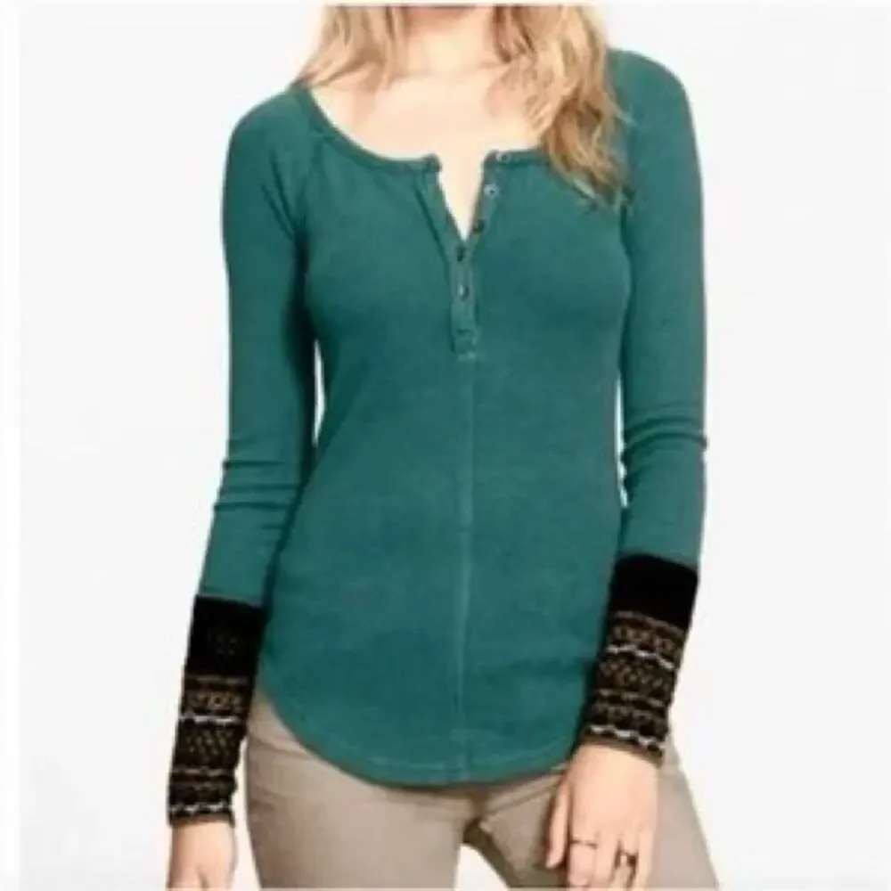 Free People FP Ski Lodge Teal distressed Waffle Knit Cuff Henley Thermal Top L
